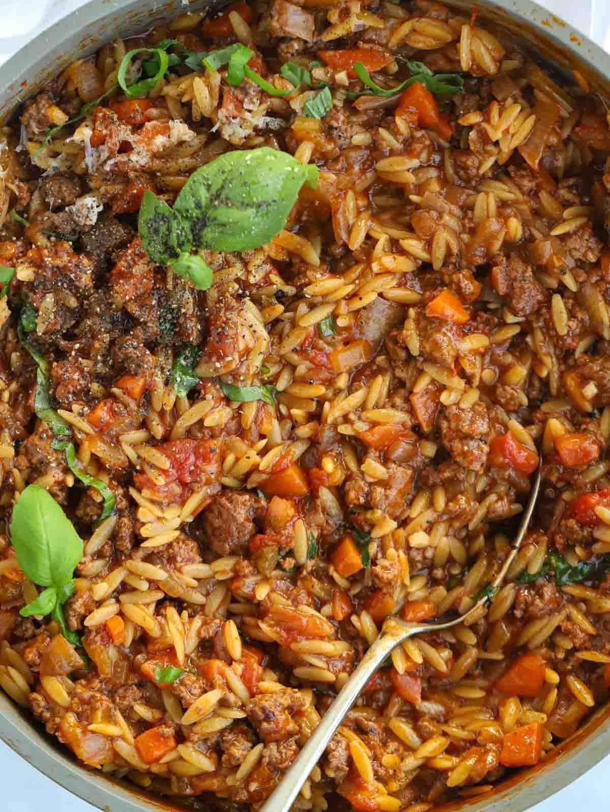 A big one pan dish of Orzo Bolognese.