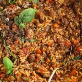 A close up of a big dish of beef orzo with bolognese.