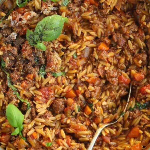 A close up of a big dish of beef orzo with bolognese.
