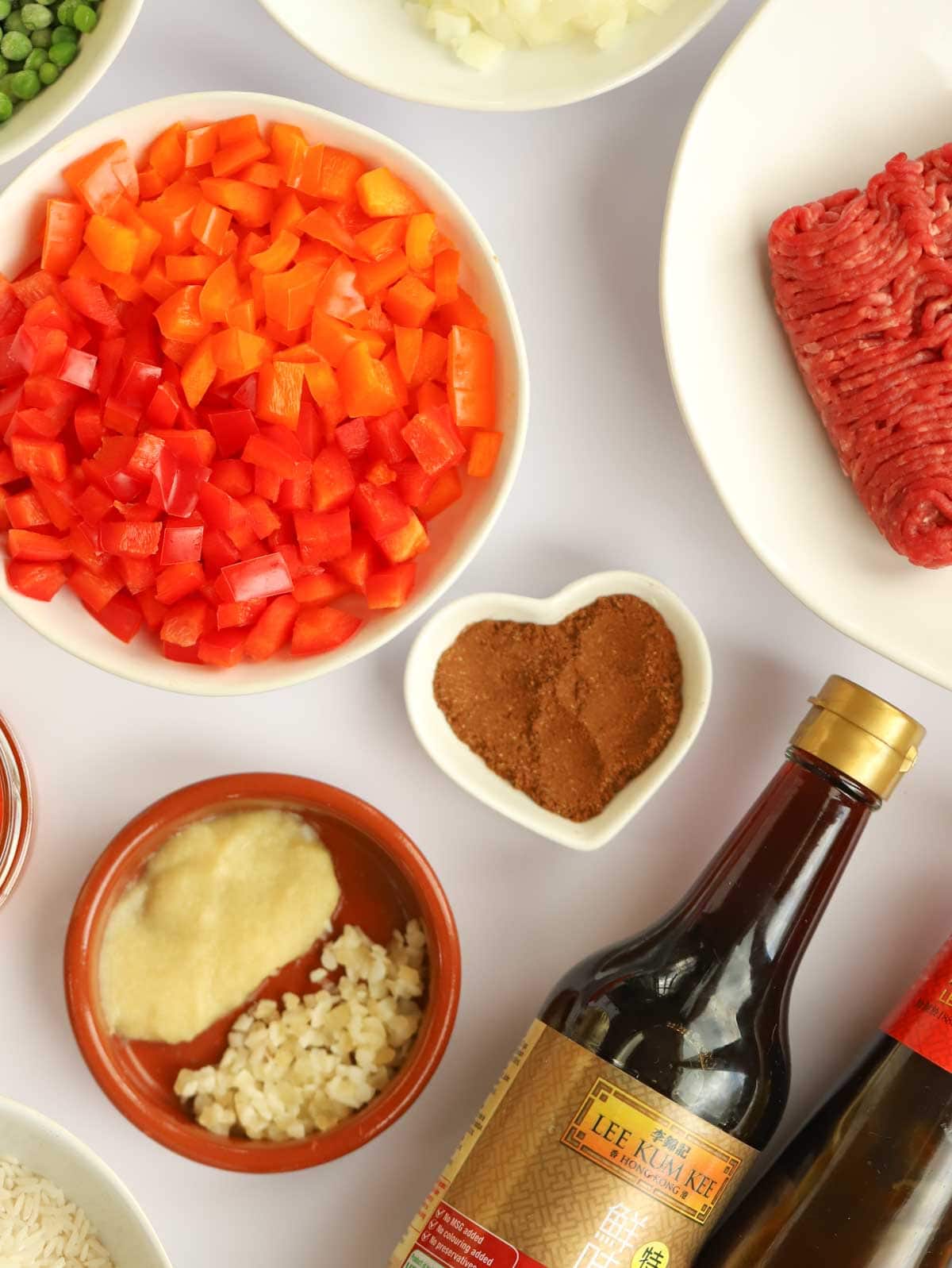 Ingredients for beef fried rice recipe.