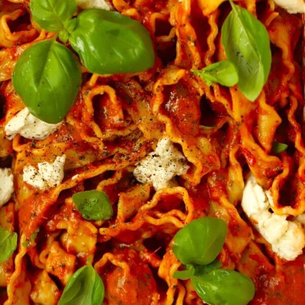 Fresh basil and buffalo mozzarella over the top of a rich, tomato and basil pasta dish.