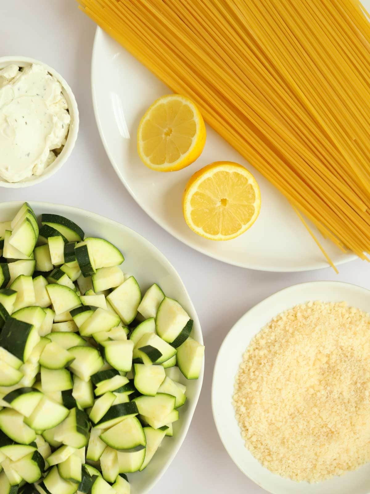 Ingredients for courgette pasta recipe laid out on a counter top.