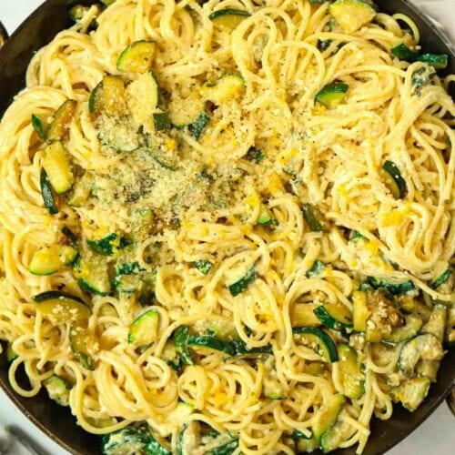 A big pan full of courgette pasta.