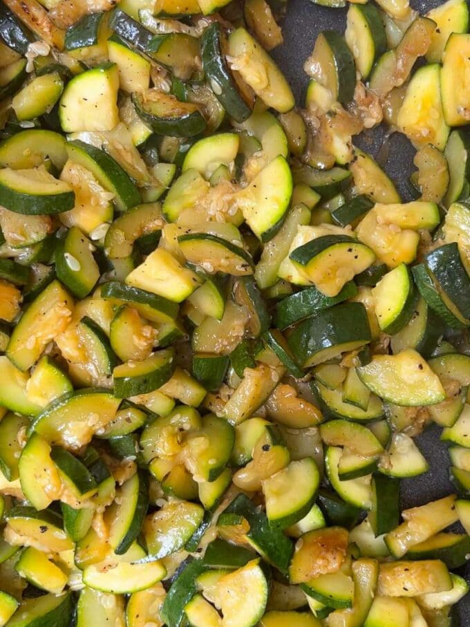 Courgettes in a pan for step 1 of Courgette Pasta recipes.