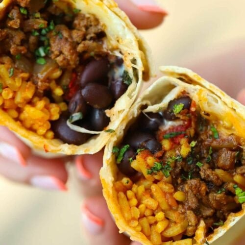 Delicious burritos filled with beef mince and rice and beans.