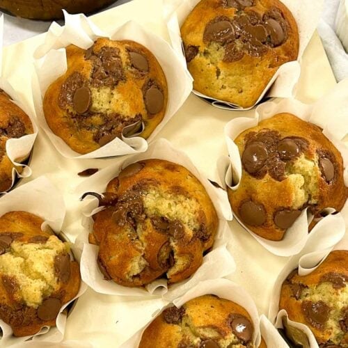 Rows of ready homemade banana muffins with choc chips.