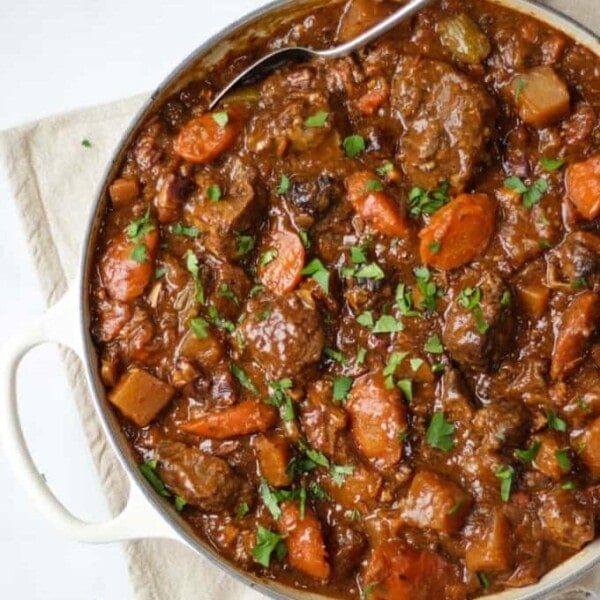 Big pot filled with Irish Beef and Guinness Stew, ready to be served.