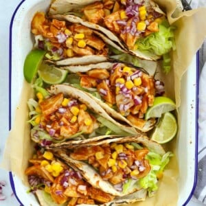 Oven tray with quick Chicken Tacos ready to eat.