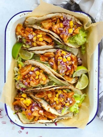 Oven tray with quick Chicken Tacos ready to eat.