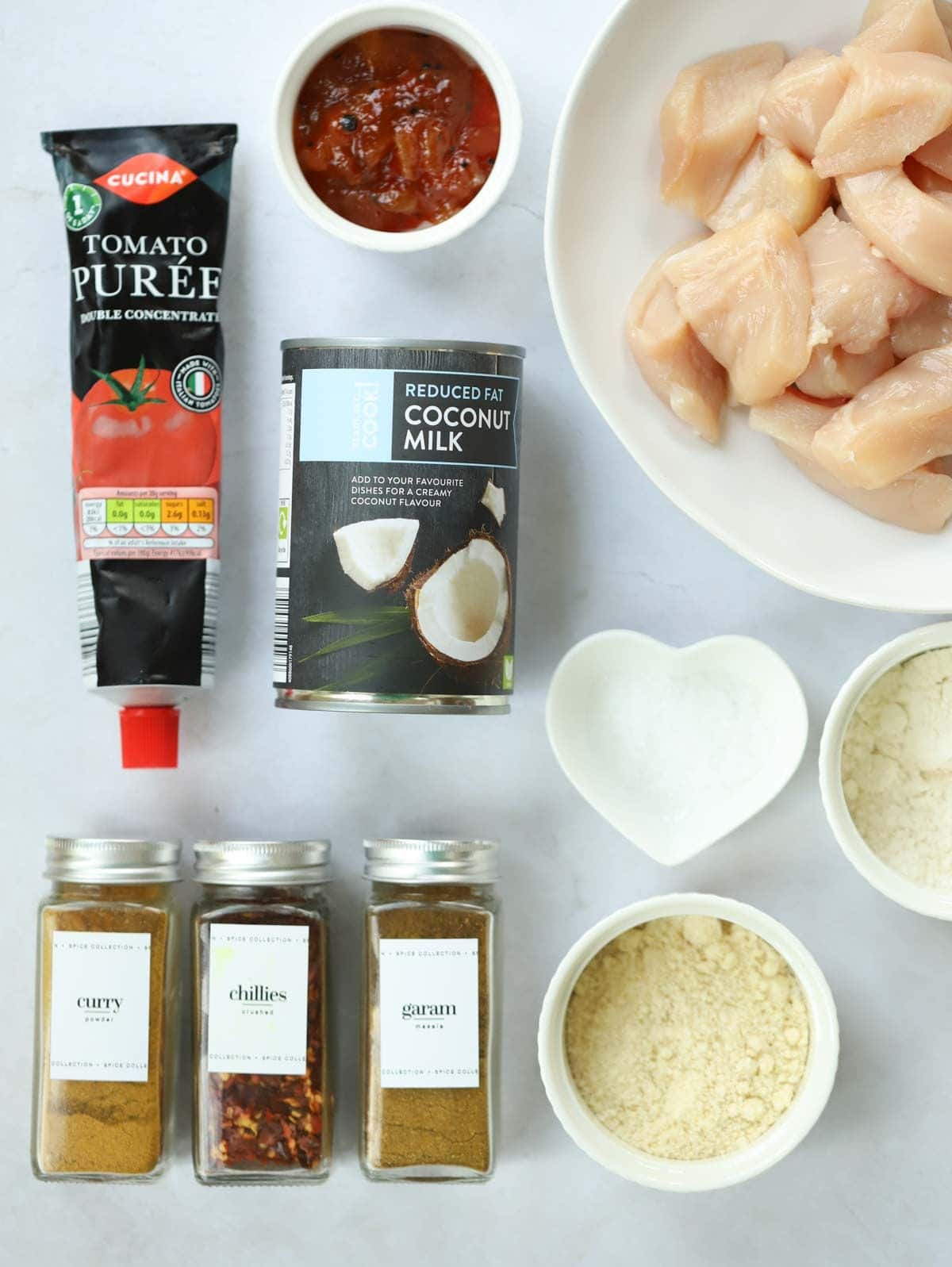 Ingredients for the recipe Slow Cooker Chicken Korma laid out on a counter.