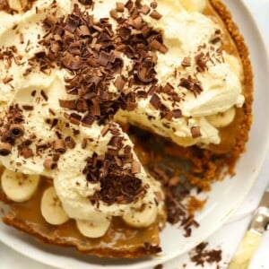 Banoffee Pie with a slice taken out, ready to eat.