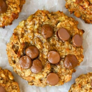 A Banana Breakfast Cookie with peanut butter and chocolate chips straight out of the oven.