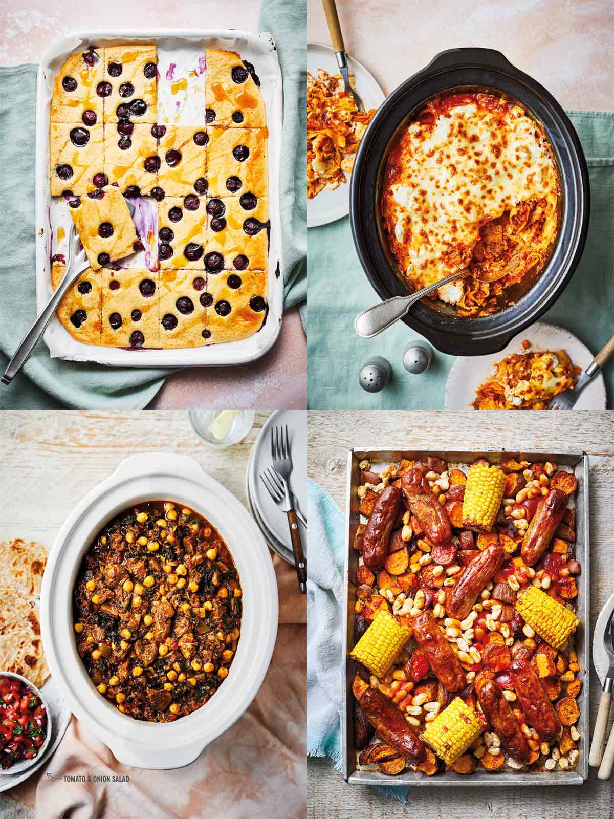 Collage of 4 recipes from the book "what's for dinner in One Pot" by Sarah Rossi.