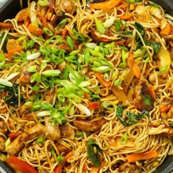 A huge portion of Chicken Chow Mein, ready to eat.