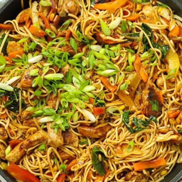 A huge portion of Chicken Chow Mein, ready to eat.