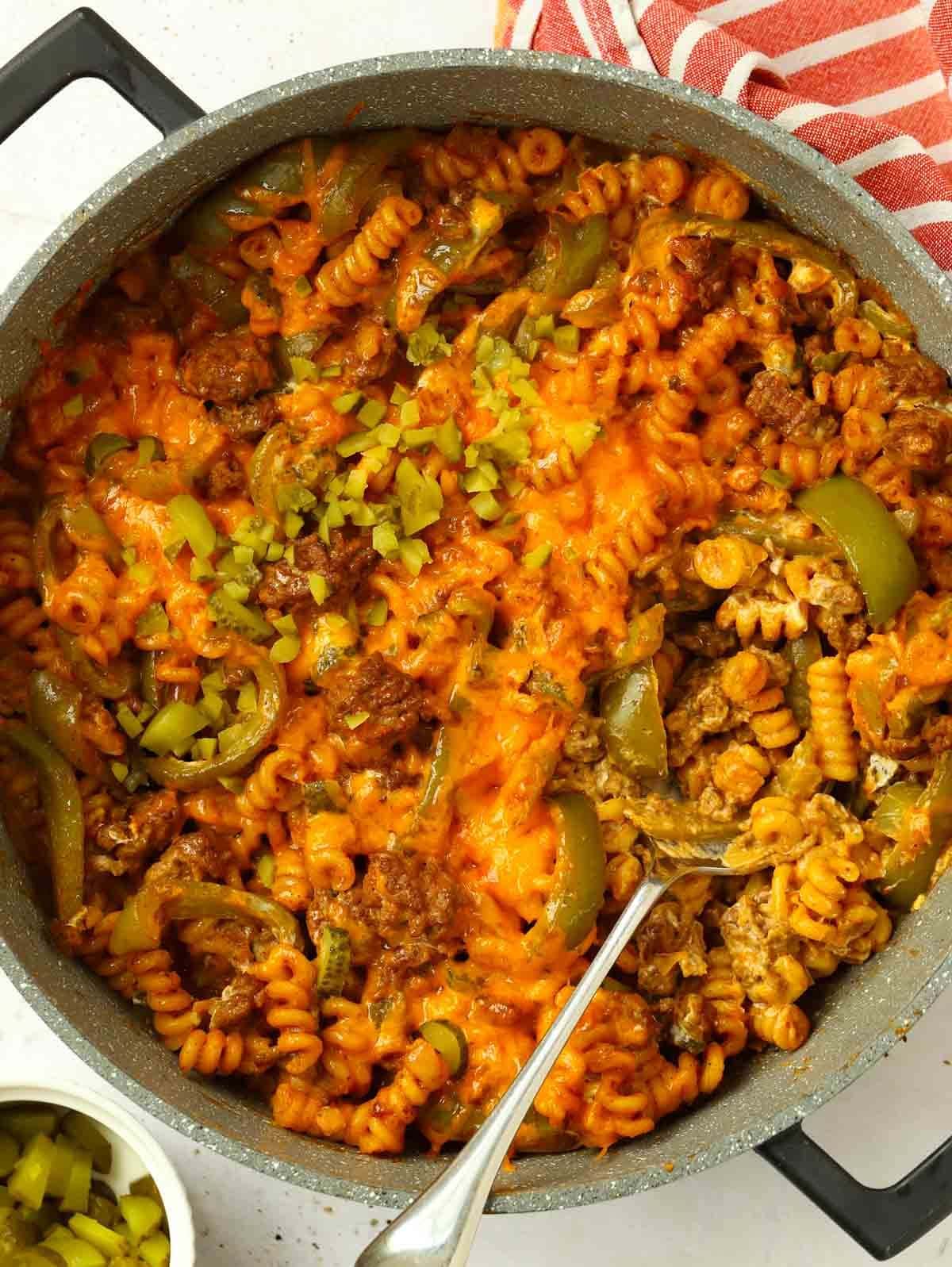 A big pan of one pot Cheeseburger Pasta, ready to serve.