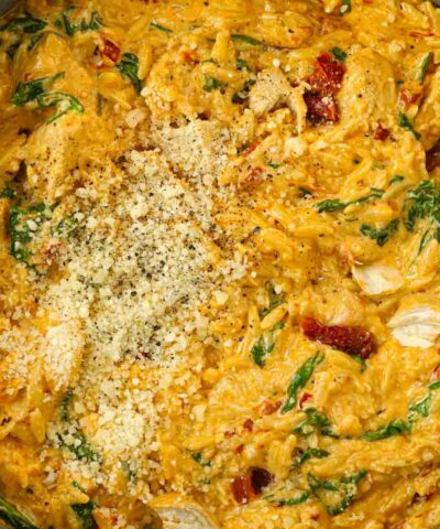 A close up of a one pan pasta meal called Marry Me Chicken Orzo.