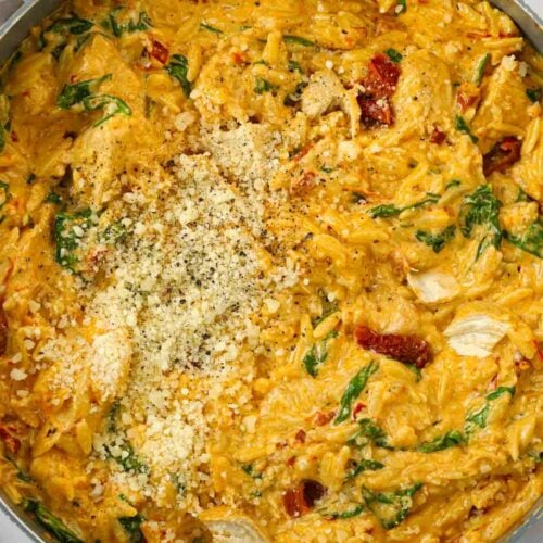 A close up of a one pan pasta meal called Marry Me Chicken Orzo.