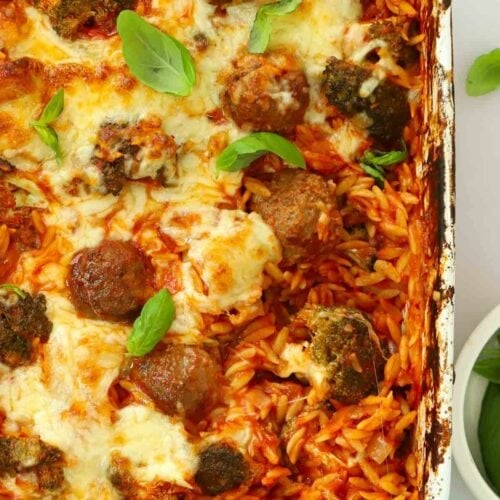 A one pan Meatball Orzo Bake straight out of the oven and ready to eat.