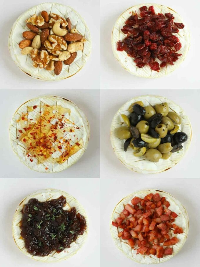 A collage of images showing six baked camembert cheeses, each with different topping. One with nuts. One with cranberry. One with honey and chilli. One with olives. One with chutney. One with bacon.