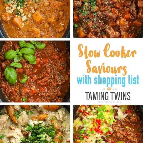 Collage of slow cooker recipes for a meal plan.