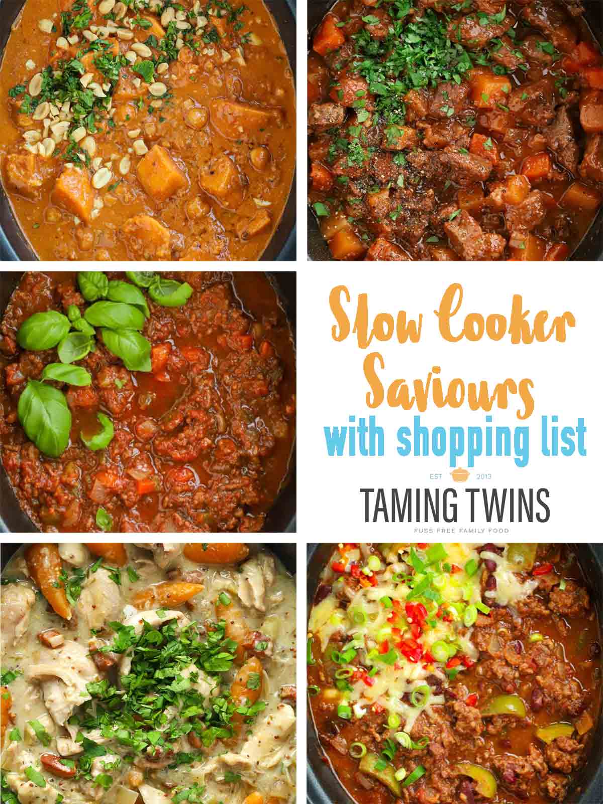 Collage of 5 slow cooker recipes included in a meal plan.