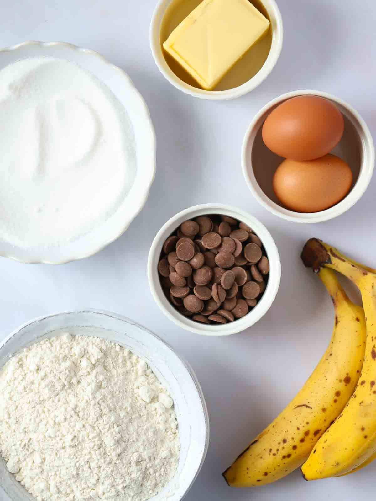 Ingredients for Banana Cake recipe laid out on a counter top.