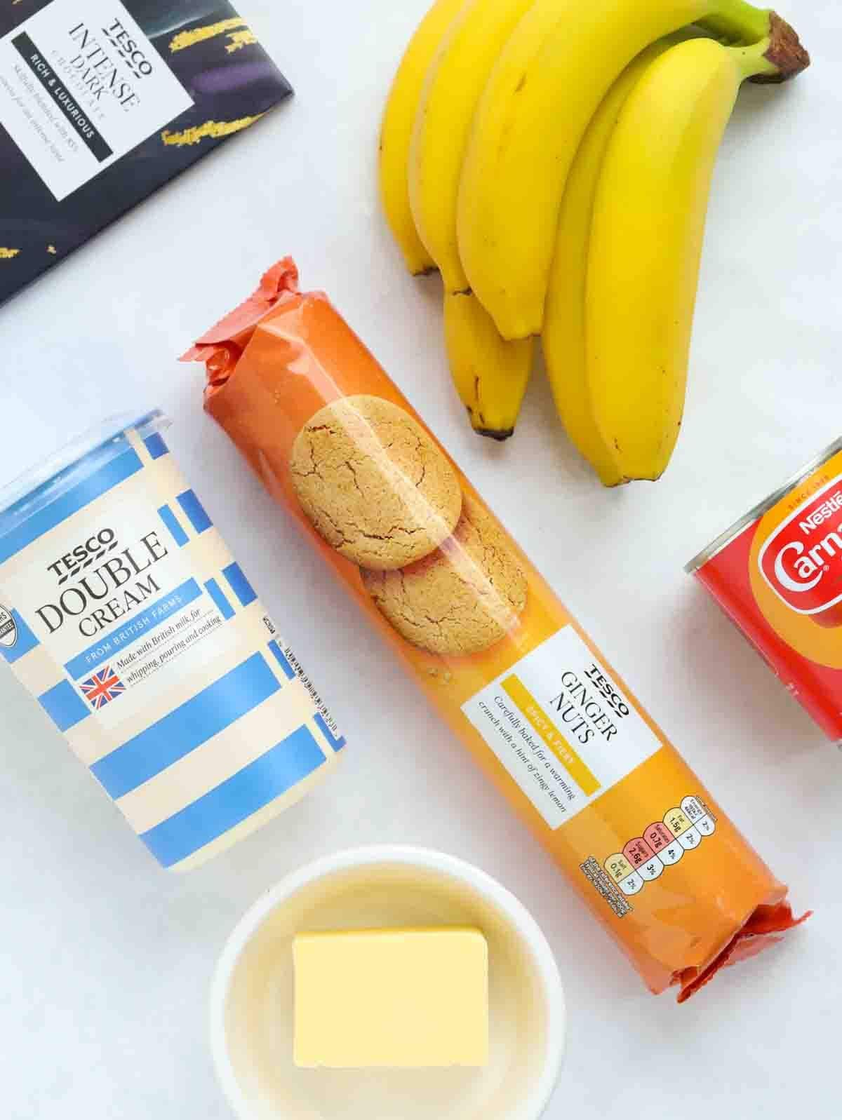 The ingredients for Banoffee Pie laid out on a counter.