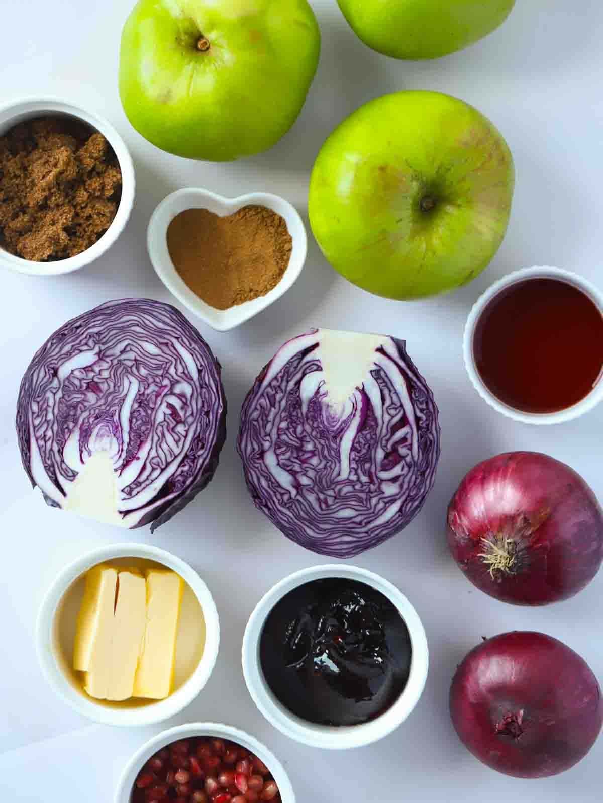 Ingredients for Braised Red Cabbage laid out on a counter.