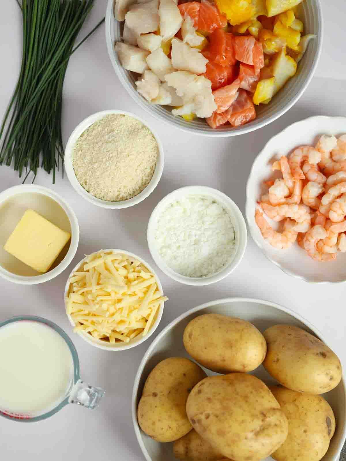 Easy Fish Pie ingredients laid out on a counter. 
