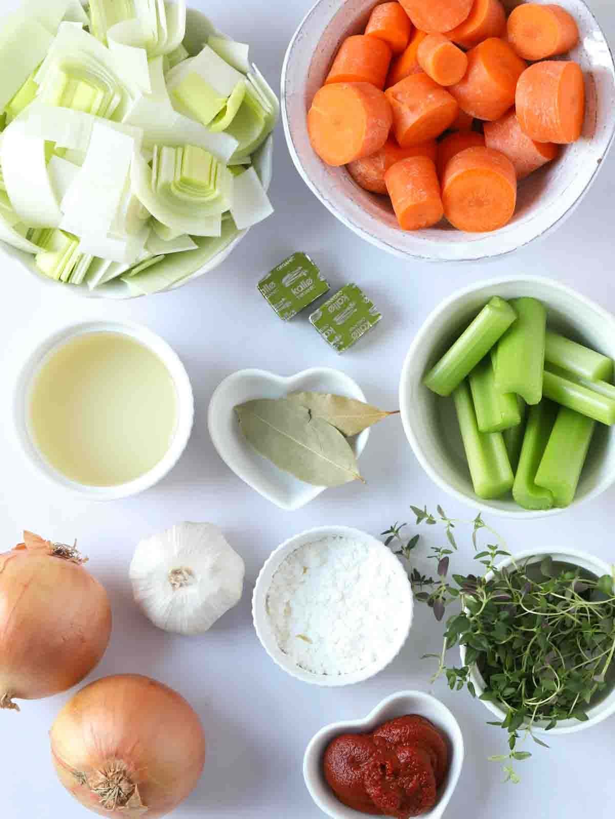 The ingredients for vegetarian gravy laid out on a counter top.
