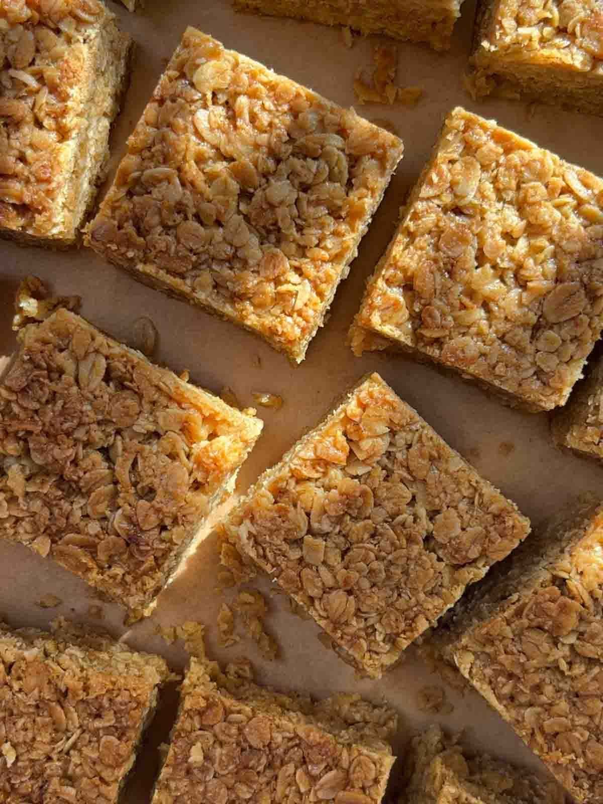 Squares of oaty flapjacks after baking.