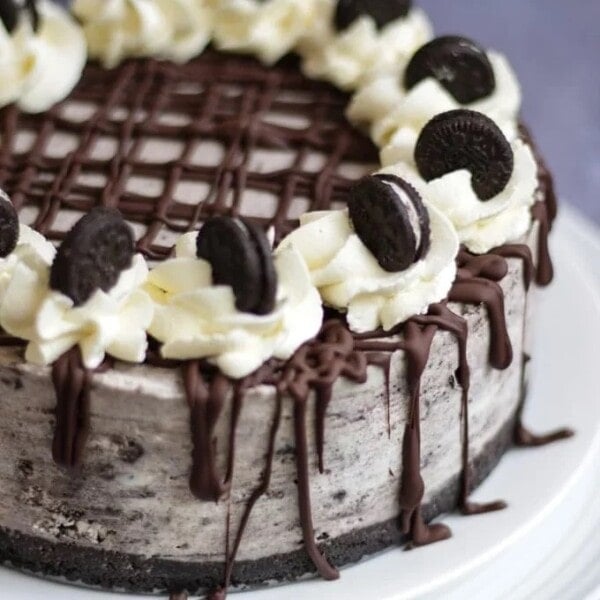 An Oreo Cheesecake on a white plate with the side filling showing. Topped with chocolate, cream and mini Oreos.