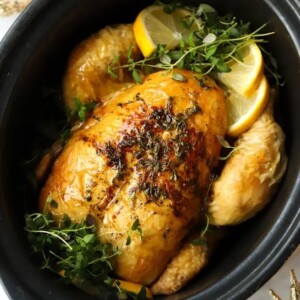 A delicious and succulent roast chicken cooked in the slow cooker.