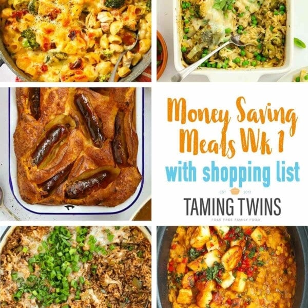 The front page of Taming Twins' budget meal plan week 1, named Money Saving Meals, with images of 5 family friendly recipes.