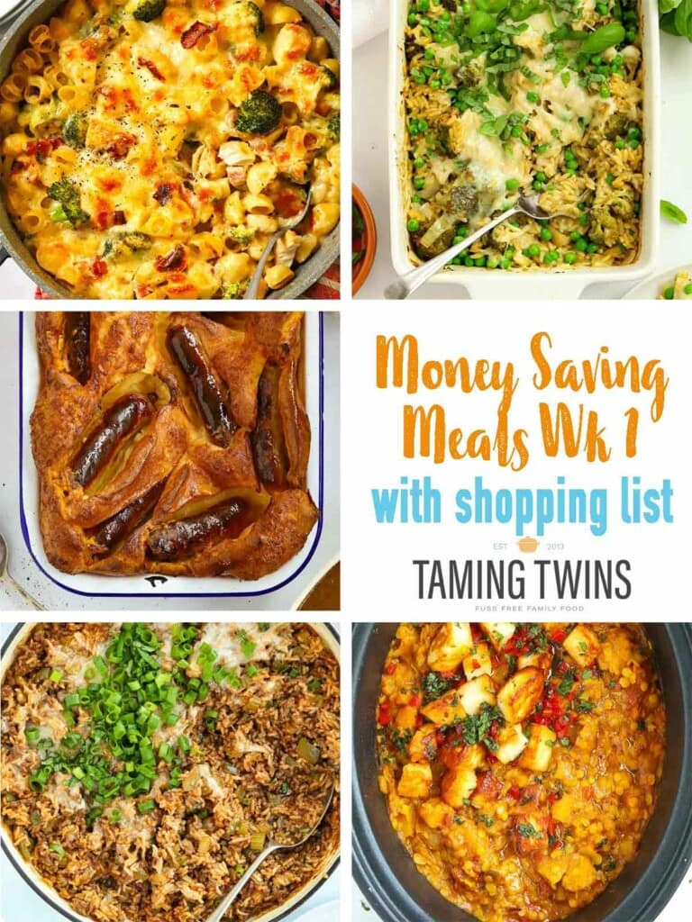 The front page of Taming Twins' budget meal plan week 1, named Money Saving Meals, with images of 5 family friendly recipes.