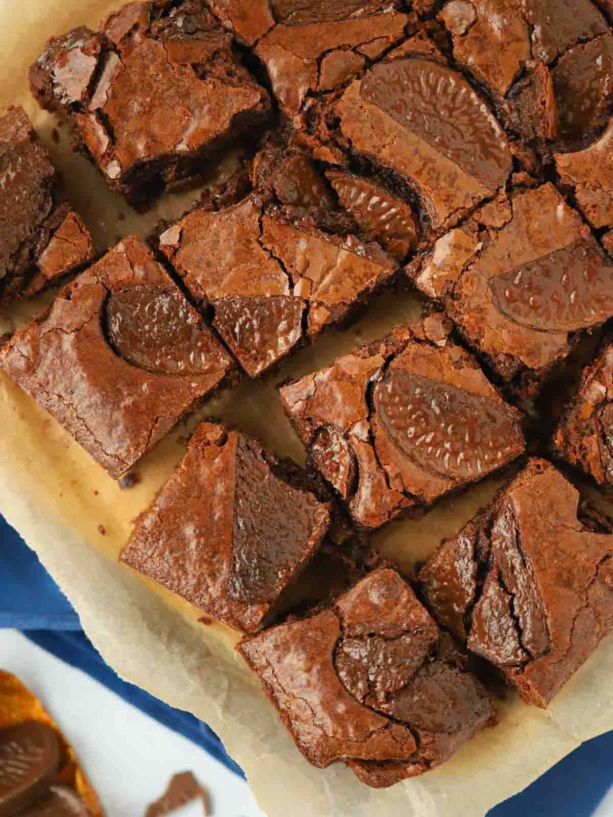 A board filled with Terry's Chocolate Orange brownies.
