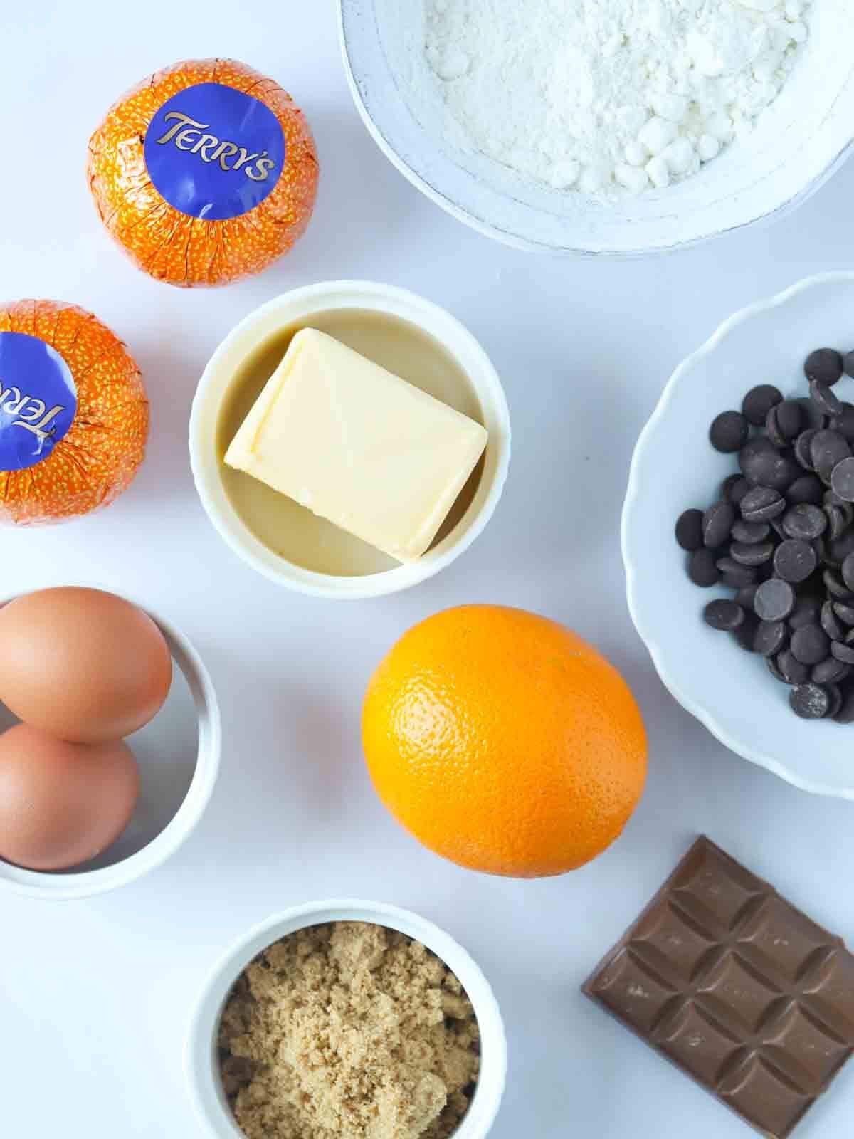 The ingredients for Chocolate Orange Brownies laid out on a counter top.