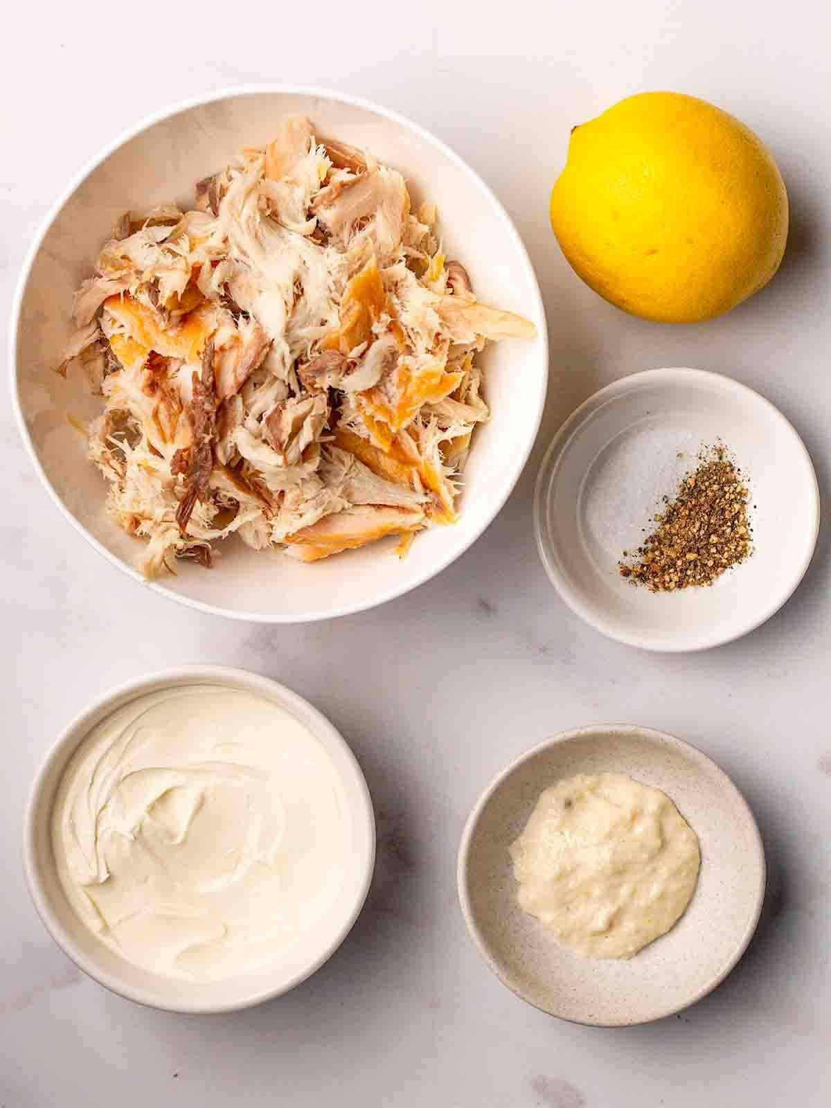 The ingredients for Smoked Salmon Pate recipe laid out on a counter top.