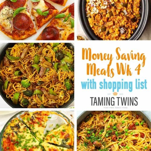 Collage of recipes from week 4 of money saving meal plan.