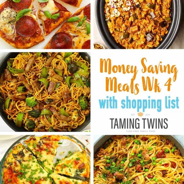 Collage of recipes from week 4 of money saving meal plan.