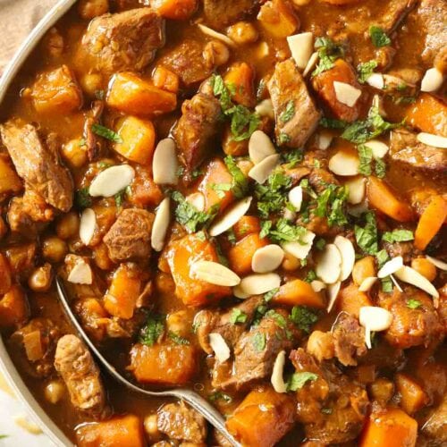 A pan of lamb tagine, ready to eat.