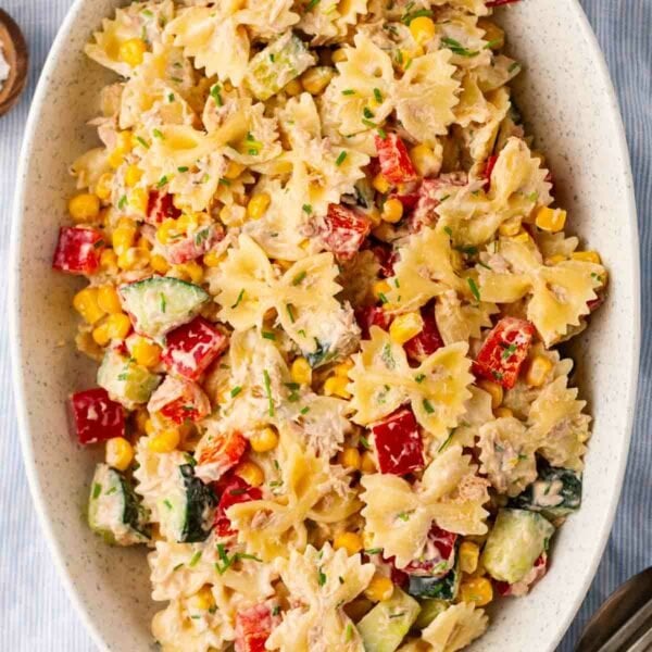 Easy tuna pasta salad with peppers and corn, in a bowl ready to be served.