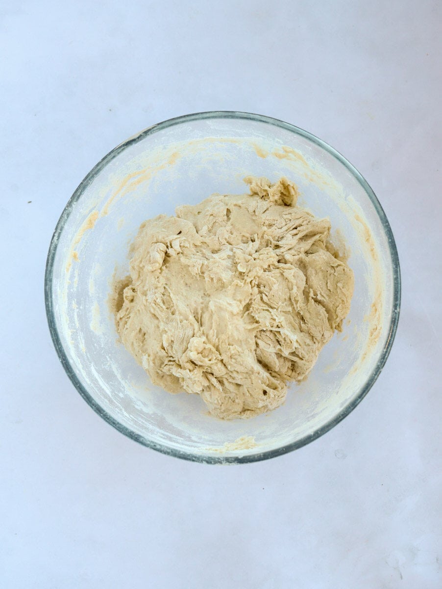 No Knead bread dough when freshly mixed in a bowl for step 1 in the recipe process.