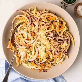 A bowl with homemade coleslaw inside, with a spoon ready to serve and small dishes filled with chives and salt to garnish.