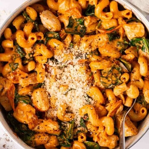 A pan filled with pasta, chicken and sauce for the recipe Marry Me Chicken Pasta.