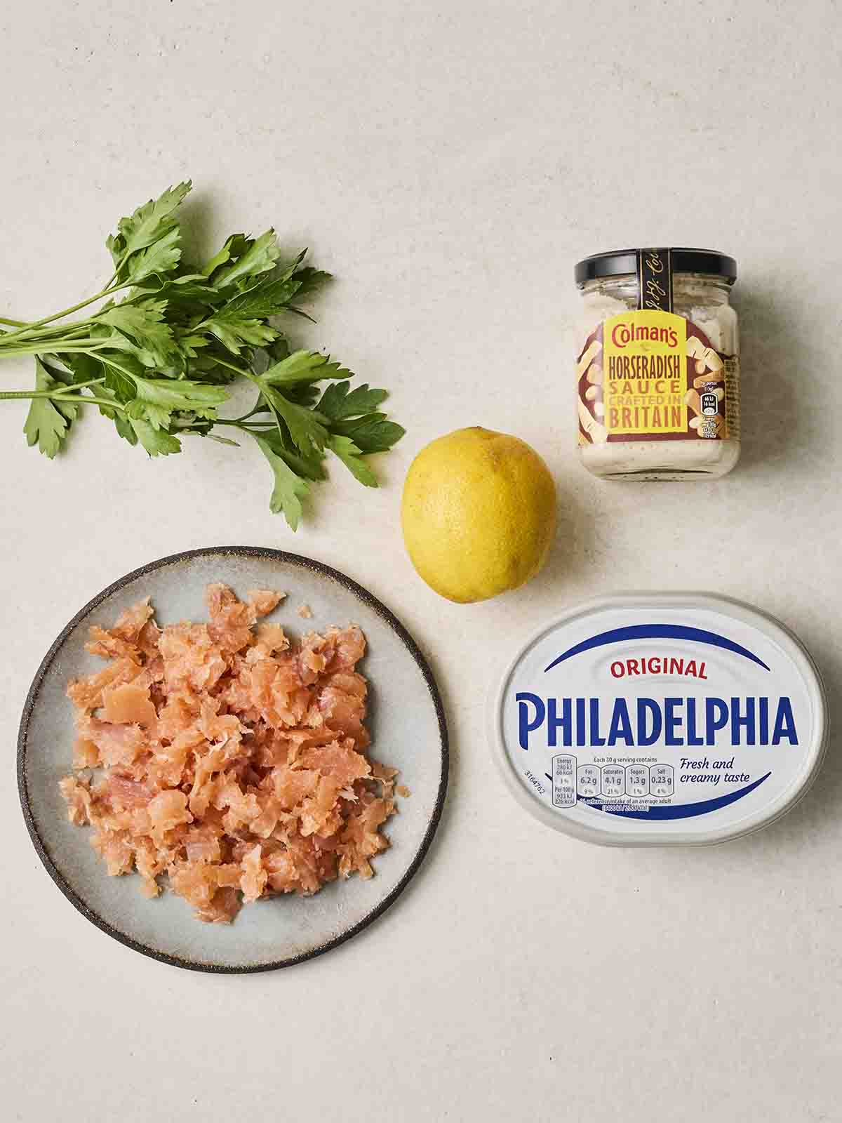 The ingredients for making Salmon Pate laid out on a counter top.
