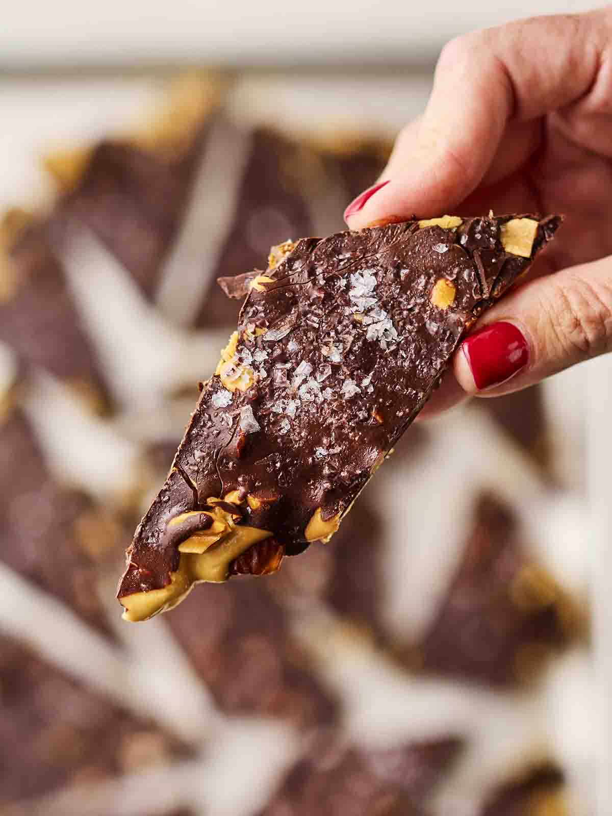 A hand holding up a piece of chocolate Date Bark.