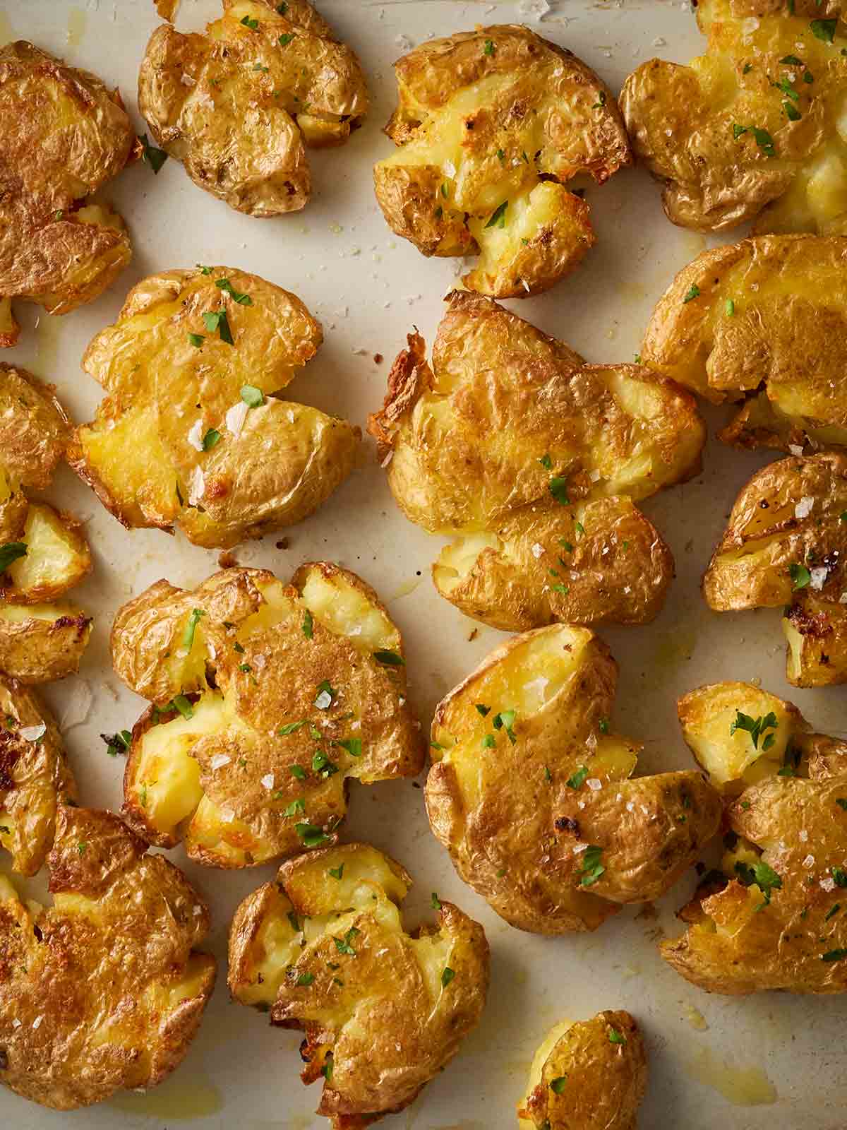 A line of crushed potatoes, just baked.