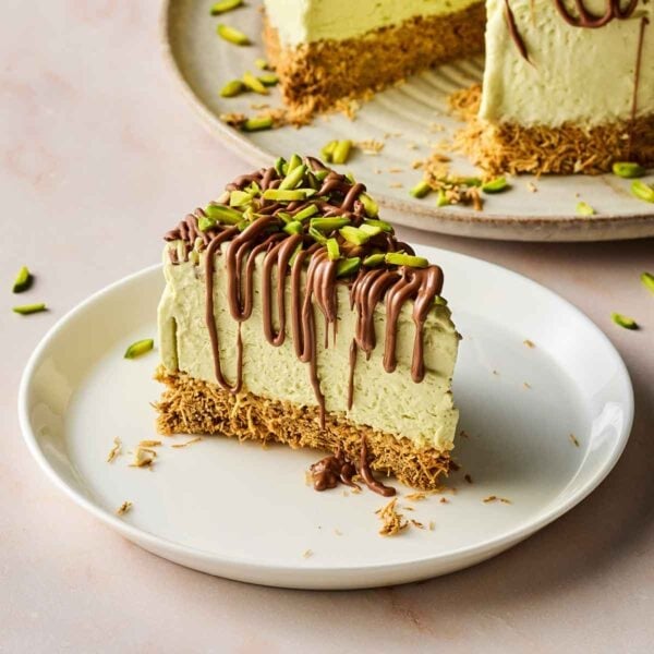 A slice of cheesecake on a plate with a Dubai chocolate flavour, knafeh base and pistachios and drizzled chocolate on top.